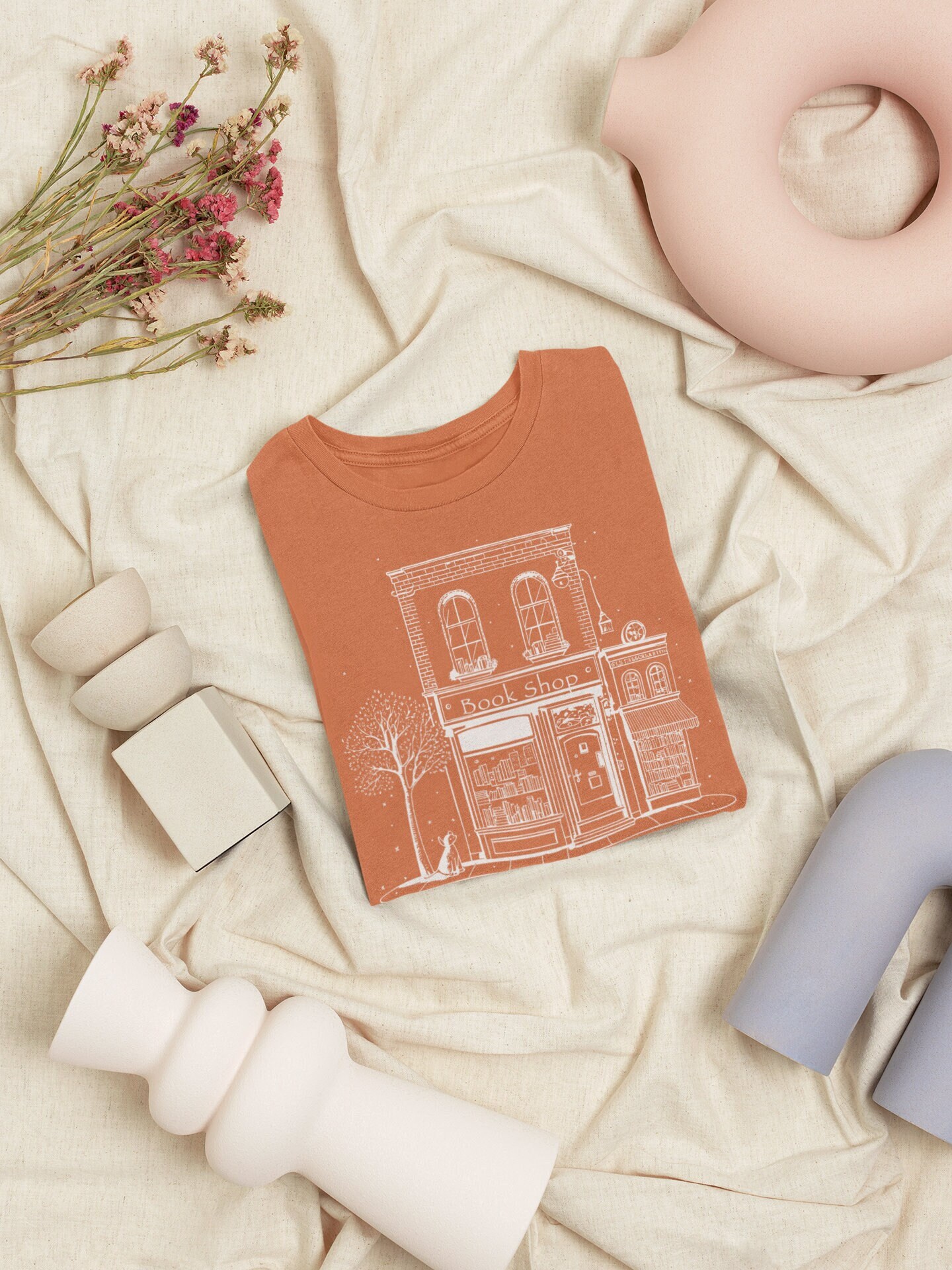 Discover Cute Book Shop Unisex T-Shirt, White, Orange or Black, With Autumn Tree and Dog, Magical