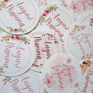 Tag per bomboniere, confetti,confettata.Nascita,Battesimo, Comunione,Cresima,Matrimonio,Laurea. Tema a scelta.Rotondi, a tendina,varie forme