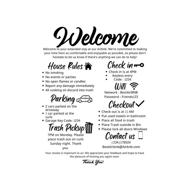 8.5 X11 Longterm 1 page Airbnb Template| Canva Edit |Elegant Airbnb Property Guide|Guest Information Sheet | Superhost Welcome Sign|