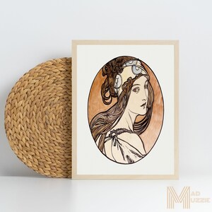 Alphonse Mucha Elegante Diosa Femenina Griega Vintage Imprimible Retrato Boho Oscuro Femenino Pared Arte Romántico Cabello Mujer Retrato Digital