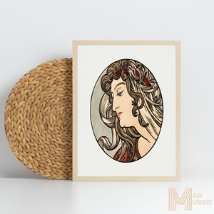 Alphonse Mucha Elegante Diosa Femenina Griega Vintage Imprimible Retrato Boho Oscuro Femenino Pared Arte Romántico Cabello Mujer Retrato Digital