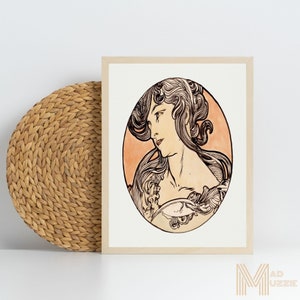Alphonse Mucha Elegante Diosa Femenina Griega Vintage Imprimible Retrato Boho Oscuro Femenino Pared Arte Romántico Mujer Retrato Digital