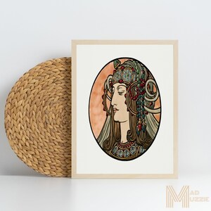 Alphonse Mucha Elegante Diosa Femenina Griega Vintage Imprimible Retrato Boho Oscuro Femenino Pared Arte Romántico Cabello Mujer Retrato Digital