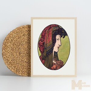 Alphonse Mucha Elegante Diosa Femenina Griega Vintage Imprimible Retrato Boho Oscuro Femenino Pared Arte Romántico Cabello Mujer Retrato Digital