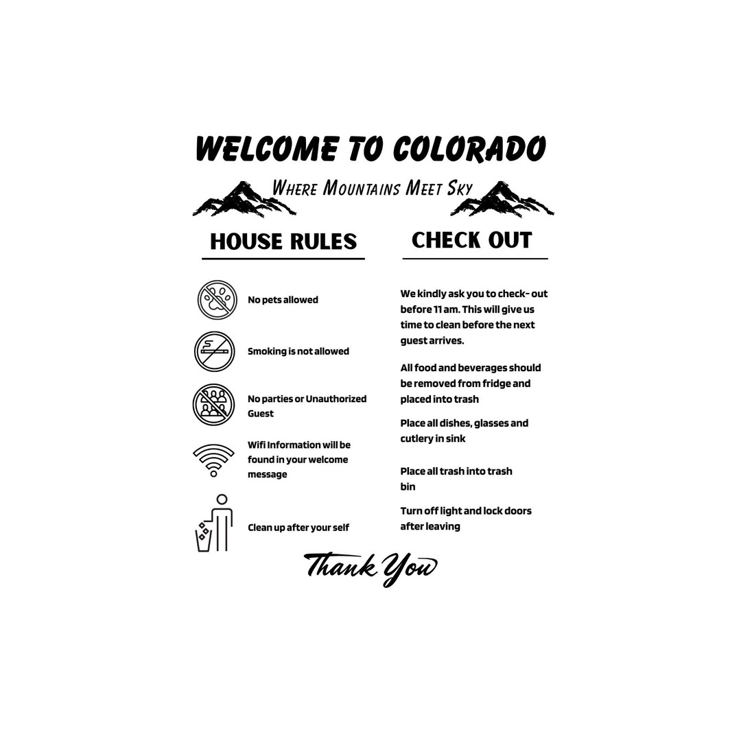 Colorado Airbnb Vrbo House Rules Print Out Check Out Instructions Print