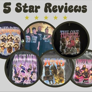 May include: Five custom-designed t-shirts featuring various images and text. The shirts include a design with dogs, a design with dancers, a design with cats, a design with cheerleaders, and a design with a group of people. The shirts are all black or gray.