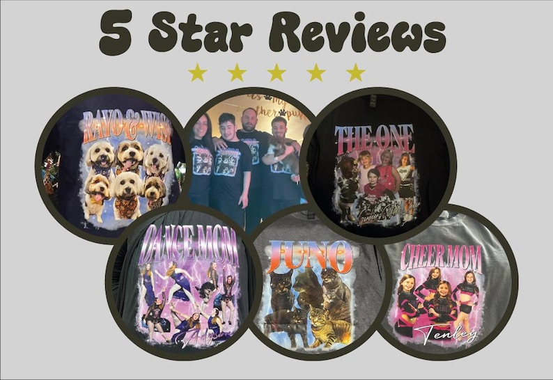 May include: Five custom-designed t-shirts featuring various images and text. The shirts include a design with dogs, a design with dancers, a design with cats, a design with cheerleaders, and a design with a group of people. The shirts are all black or gray.