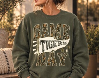 Custom Camo Mascot Game Day Sweatshirt, Personalized Team Name Sweater, Camo School Spirit Football Sweatshirt
