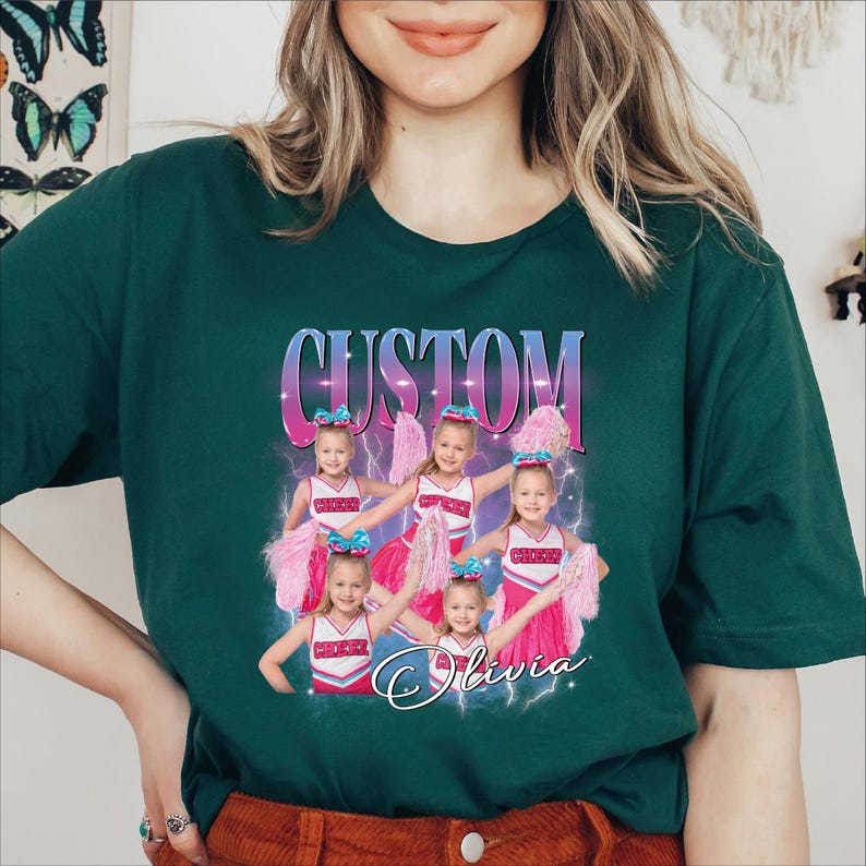 a woman wearing a green t - shirt with a picture of a group of girls