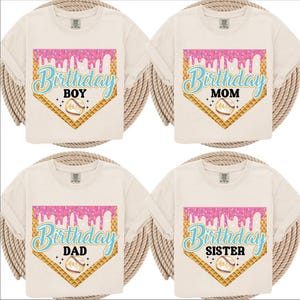four white t-shirts with birthday-themed designs, including text and graphics related to birthday celebrations.