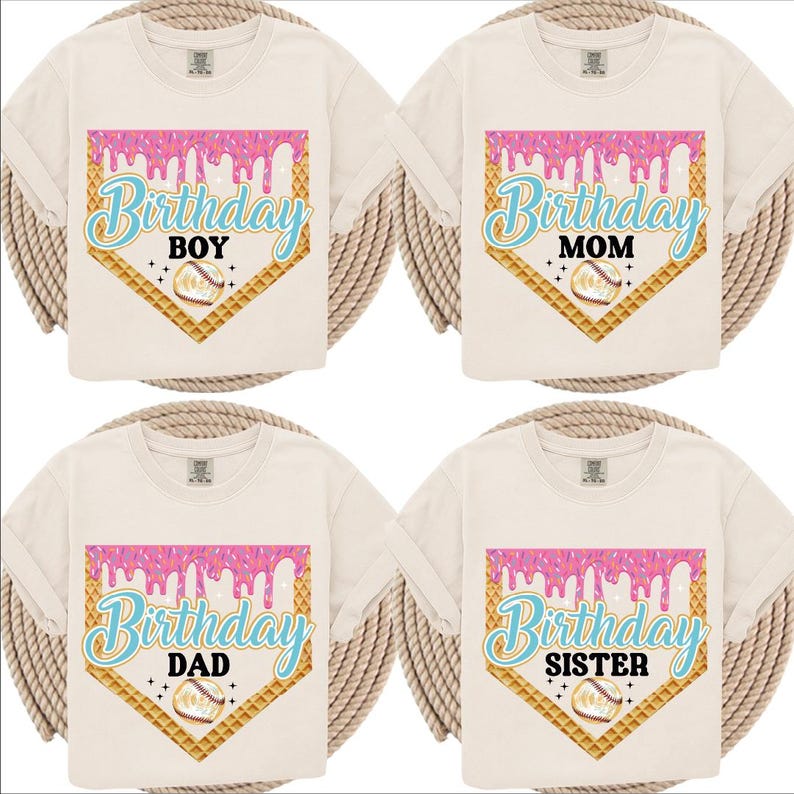 four white t-shirts with birthday-themed designs, including text and graphics related to birthday celebrations.