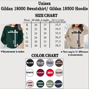 The image is a size chart and color chart for a Gildan 1800 sweatshirt and Gildan 18500 hoodie. The chart provides measurements for different sizes and corresponding colors.