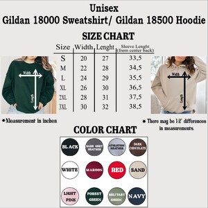 The image is a size chart and color chart for a Gildan 1800 sweatshirt and Gildan 18500 hoodie. The chart provides measurements for different sizes and corresponding colors.