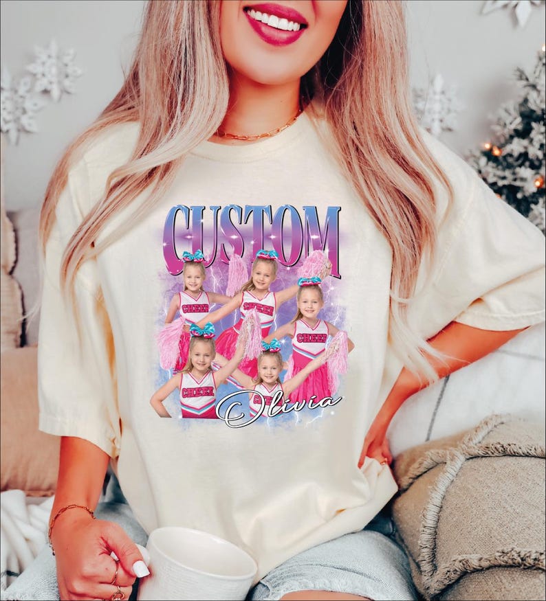 a woman sitting on a couch wearing a t - shirt