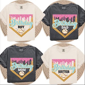 four t-shirts with birthday-themed designs, including a baseball and a birthday cake.