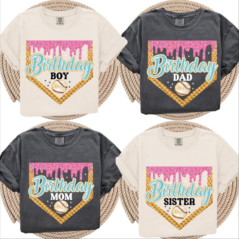 four t-shirts with birthday-themed designs, including a baseball and a birthday cake.