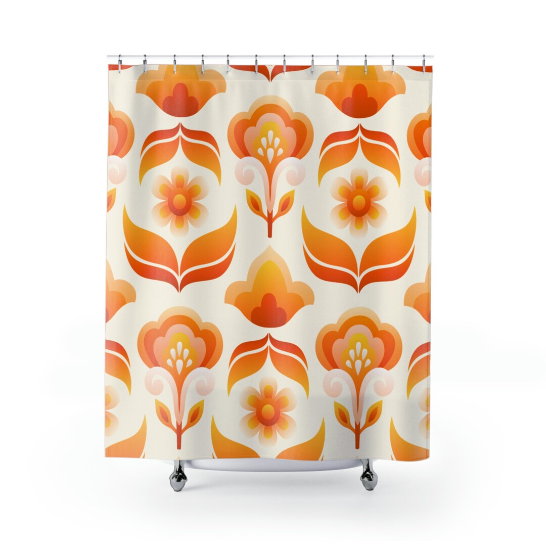 Orange Retro Flower Shower Curtain,hippie Shower Curtain, Groovy
