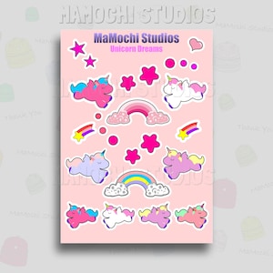 Sticker Sheet - Kawaii Unicorn Dreams Pretend Play, Unicorn Birthday, Planner Sticker, Party Favor Stickers, Rainbow Sticker, Soft Aesthetic