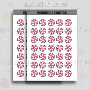 May include: A sheet of 36 pink and white peppermint candy stickers. The stickers are arranged in a grid pattern on a white background.