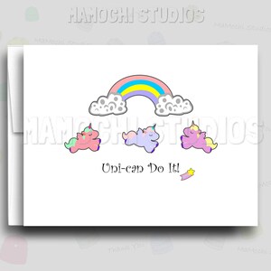 Uni-Peut le faire ! - Carte de vœux licorne, carte joyeuse et réfléchie, carte d'anniversaire, cadeau humoristique de jeu de mots ringard, pour les enfants, pour les amis, encouragement.