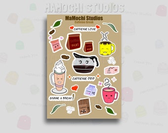 Stickervel Kawaii koffie – cafeïnepauze, plannerstickers