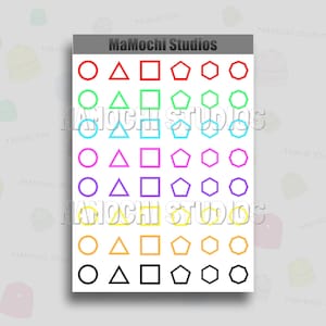 May include: A sheet of stickers with various shapes, including circles, triangles, squares, and pentagons. The shapes are outlined in different colors, including red, orange, yellow, green, blue, purple, and black.