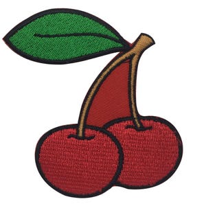 May include: Embroidered patch of two red cherries with a green leaf and brown stems. The cherries have a textured appearance with black outlines, creating a vibrant and detailed design. Suitable for adding to clothing or accessories.