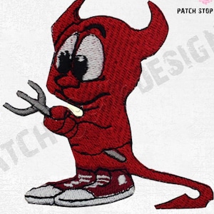 May include: Embroidered patch of a red cartoon devil with white details. The devil holds a small trident and has a tail. The devil is wearing red trainers with white soles. The text "PATCH STOP" is visible.