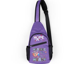 May include: A purple sling bag with a black strap and mesh side pocket. The bag features the text "HOPE" and "NURSING It's a work of HEART" with a heart and caduceus symbol. The bag is designed for nurses.