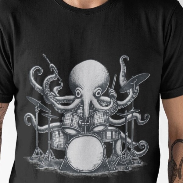 Camicie da uomo alla moda, camicia Octopus che suona la batteria, regalo camicia per papà, camicia musicista percussionista amante della musica, regalo per lei, bella maglietta grafica