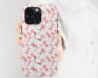 Coquette Phone Case, Cowgirl hat pink, Cowgirl boots, Aesthetic Phone Case, Tough Phone Cases, Pink Bow Phone Case, Cowgirl hat pink