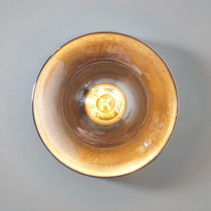 May include: A round, amber-colored glass light fixture with a clear glass shade and a warm white light bulb.
