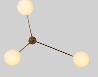 Three Globe Brass Sputnik Handmade Ceiling Chandelier Brass Flush Mount Light Fixture