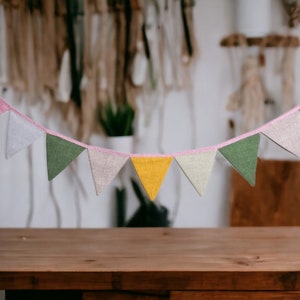 Colourful Bunting Banner, Triangle Fabric Bunting Banner, Linen Wreath, Nursery Playroom Wall Decor, Birthday Party Decoration