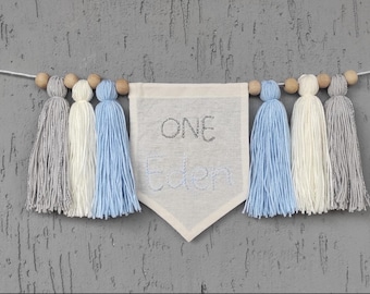 Striscione personalizzato per seggiolone per il primo compleanno, striscione per il primo compleanno, striscione con nappe in filato ricamato, baby shower, accessorio per foto di compleanno