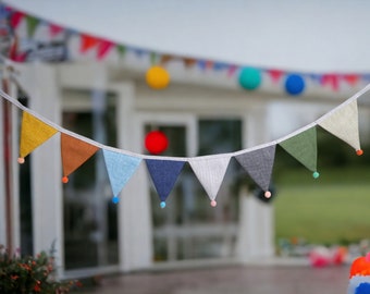 Banderines coloridos, banderines triangulares de tela, corona de lino, decoración de pared para sala de juegos infantil, decoración para fiesta de cumpleaños