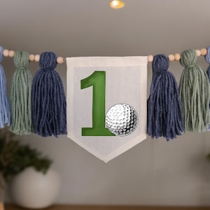 Faixa de aniversário de golfe, enfeite para cadeira alta de golfe, placa para festa de primeiro aniversário, faixa de borla para primeiro aniversário, flâmula para quebra de bolo, faixa para festa de golfe
