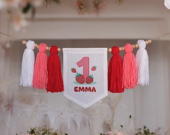 Banner de silla alta de fresa, decoración de un banner, banner de primer cumpleaños de bayas, temática de fresa, decoración de fiesta de fresa, dulce uno