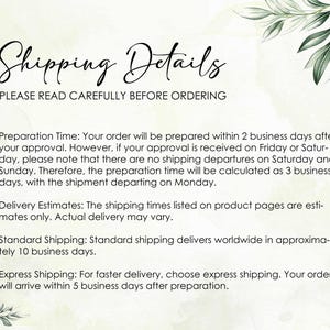 May include: Shipping details for an online store. The text explains the preparation time for orders, delivery estimates, and the two shipping options: standard and express.