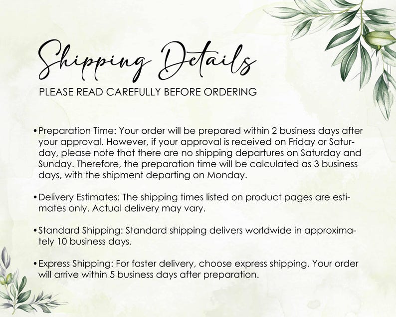 May include: Shipping details for an online store. The text explains the preparation time for orders, delivery estimates, and the two shipping options: standard and express.