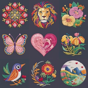 May include: Nine embroidered designs featuring various floral, animal, and abstract patterns. The designs are in shades of pink, red, yellow, blue, and green.