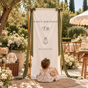 Op de afbeelding: Een hoog, rechthoekig spandoek van crèmekleurige stof opgehangen aan een goudkleurig metalen frame, met de tekst HAPPY BIRTHDAY, de naam Ella, een taartillustratie en de tekst WE LOVE YOU, versierd met lange olijfgroene linten aan de bovenhoeken.
