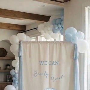 May include: A rectangular beige fabric backdrop featuring the blue text WE CAN Bearly Wait and a graphic of a teddy bear in a blue and white striped hot air balloon. The backdrop is framed by light blue fabric panels and white and blue balloons.