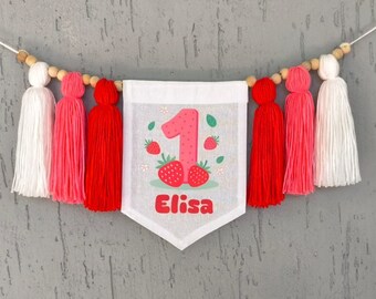 Estandarte de la silla alta de fresa, decoración de un estandarte, estandarte del primer cumpleaños de bayas, tema de fresa, decoración de fiesta de fresas, dulce