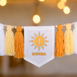 Boho Sun Geburtstagsbanner, 1.Hochstuhl Banner, Senf Boho Geburtstag, gedämpfter Sonnenschein, Garn Quastengirlande, erste Reise um die Sonne