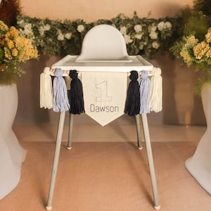 Navy Blue High Chair Wreath, Embroidered 1st Birthday Banner, Baby Boy 1st Birthday Wreath with Blue and White Tassels, High Chair Banner