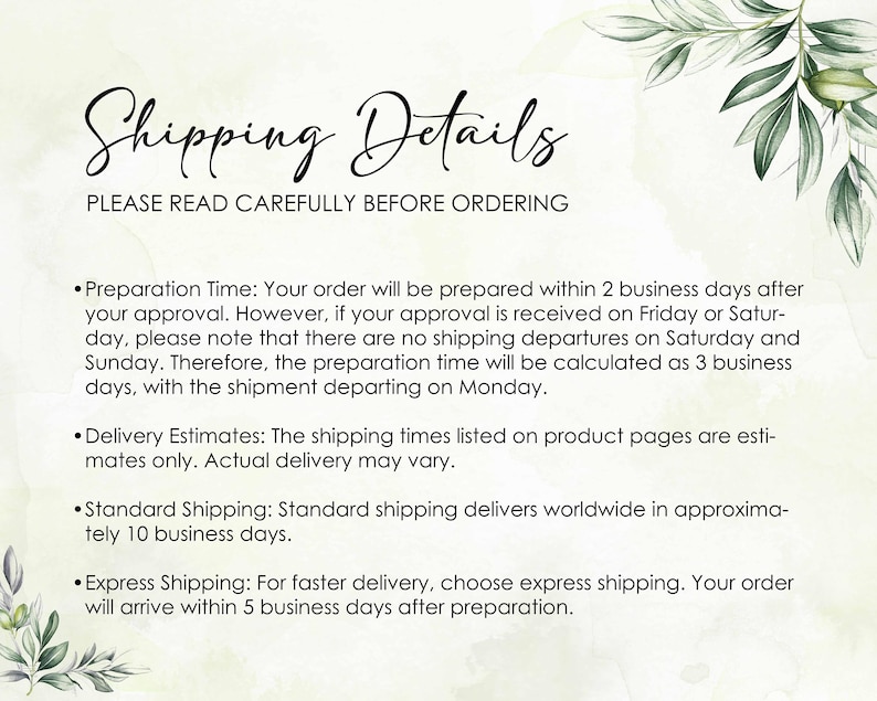 May include: Image with the text "Shipping Details" and "PLEASE READ CAREFULLY BEFORE ORDERING". The text also includes information about preparation time, delivery estimates, standard shipping, and express shipping.