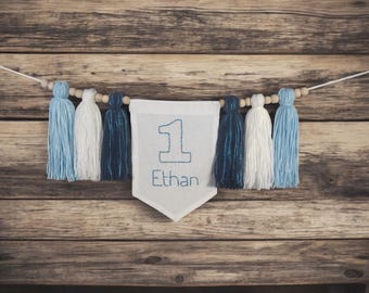 Striscione personalizzato per seggiolone per il primo compleanno, striscione per il primo compleanno, striscione con nappe in filato ricamato, baby shower, accessorio per foto di compleanno