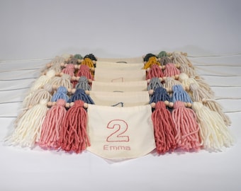 Banner per seggiolone per bambina, ghirlanda di nappe rosa, tessuto per striscioni per seggiolone, decorazione per il 2° compleanno, baby shower, striscione di compleanno