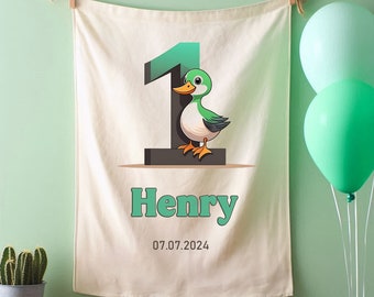 One Lucky Duck Birthday Party Banner, Birthday Party Decoration,  Happy Birthday Sign, Mallard Duck 1st Birthday Decor, Personalised Pennant